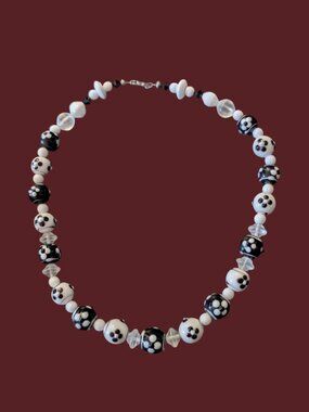 925 Sterling Clasp Hand Made Floral Glass Beads 18.25" Black And White Necklace